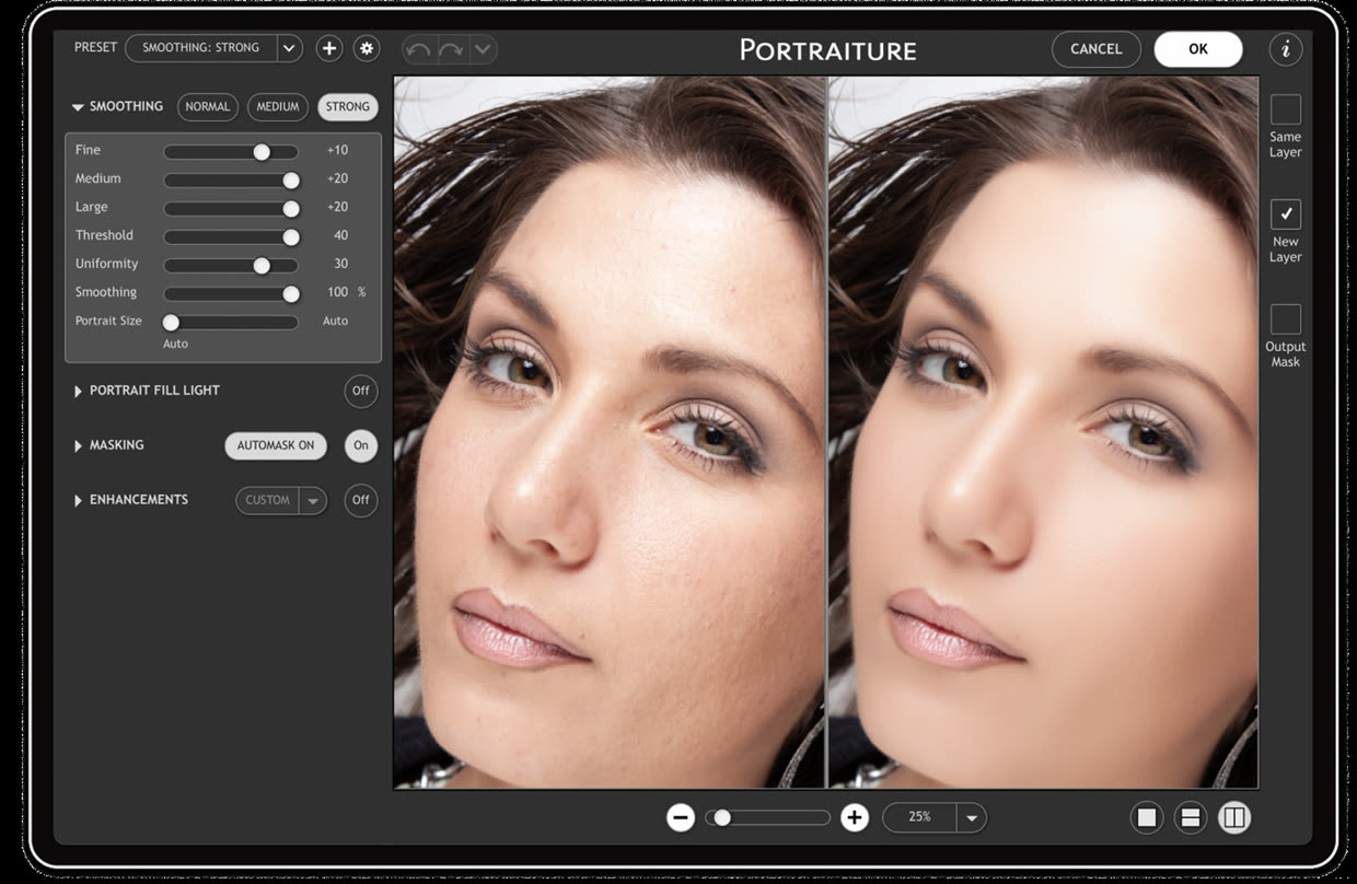 The Portraiture plugin interface, showing the smoothing, masking and fill-light controls beside a split before-and-after preview.