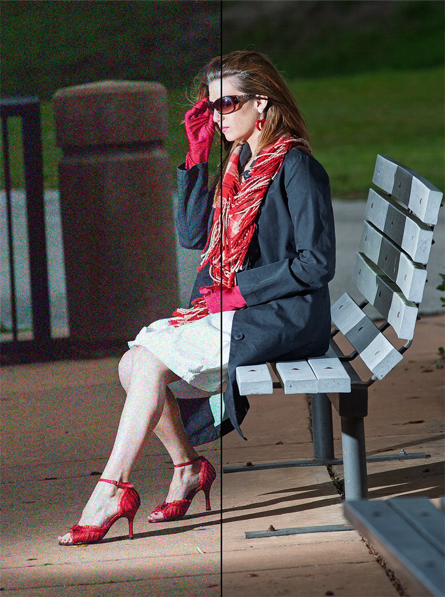 The same photo side by side: heavy colour noise on the left, clean detail on the right after Noiseware