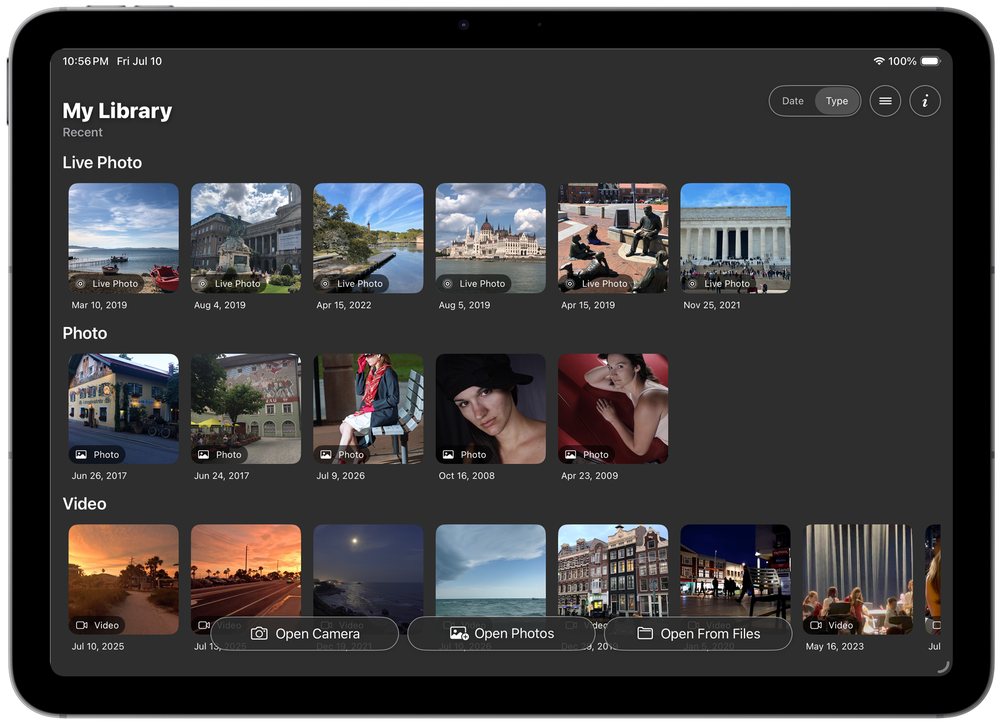 Noiseware on iPad: the My Library view listing recent Live Photos, photos and videos