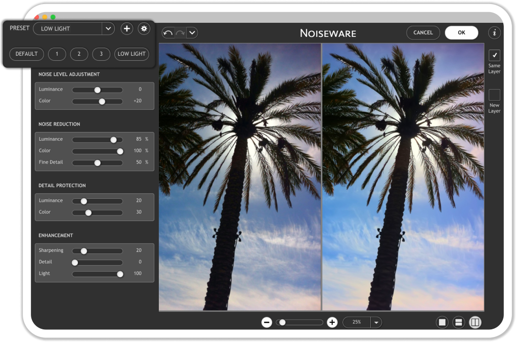 Noiseware low-light enhancement